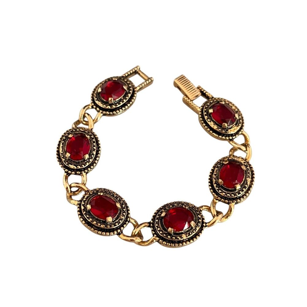 Vintage 1970s Sarah Coventry Coronation Bracelet Red Glass - 10S